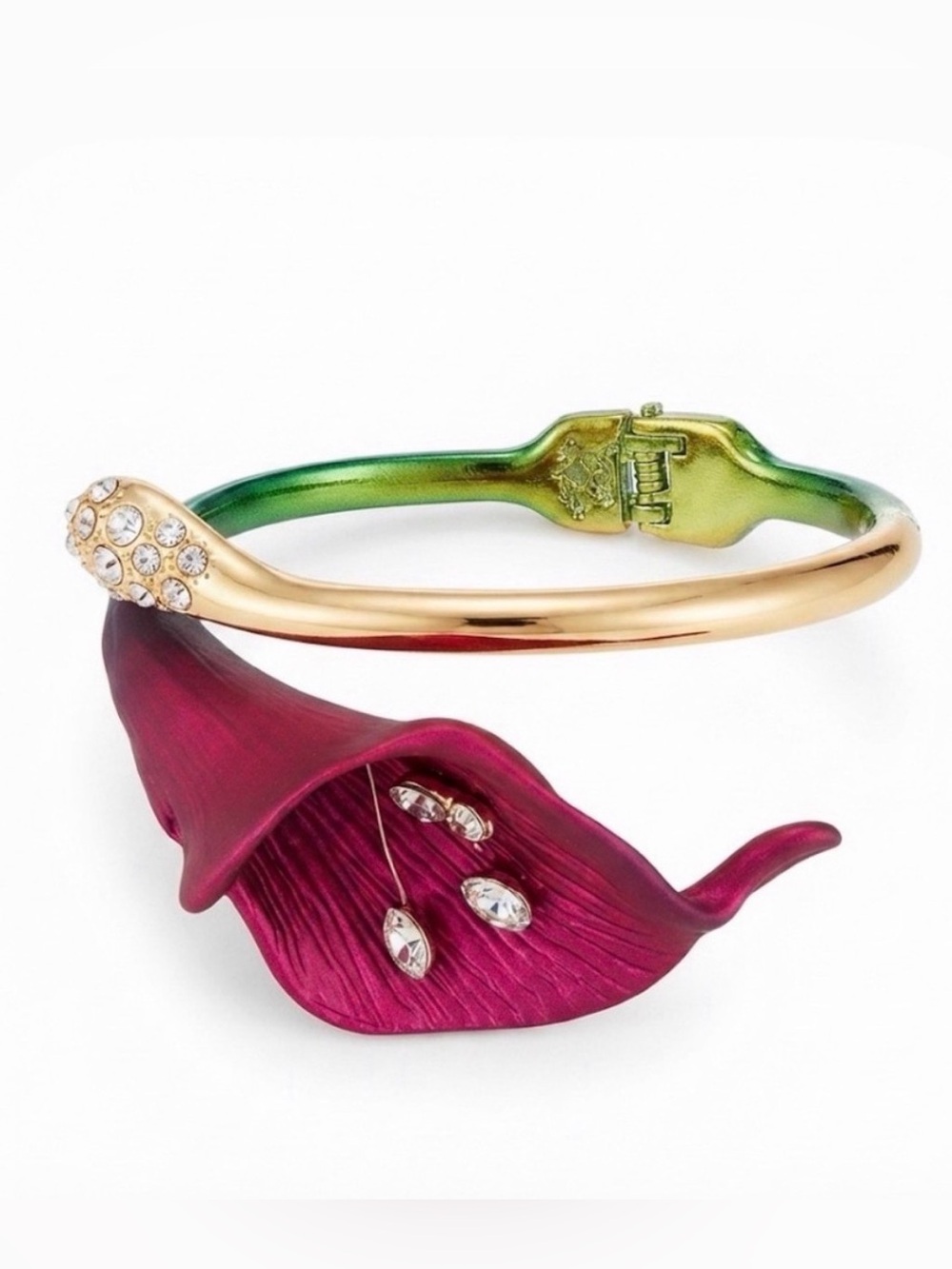 New Betsey Johnson Gold-Tone and Fuchsia Floral Hinged Bangle Bracelet